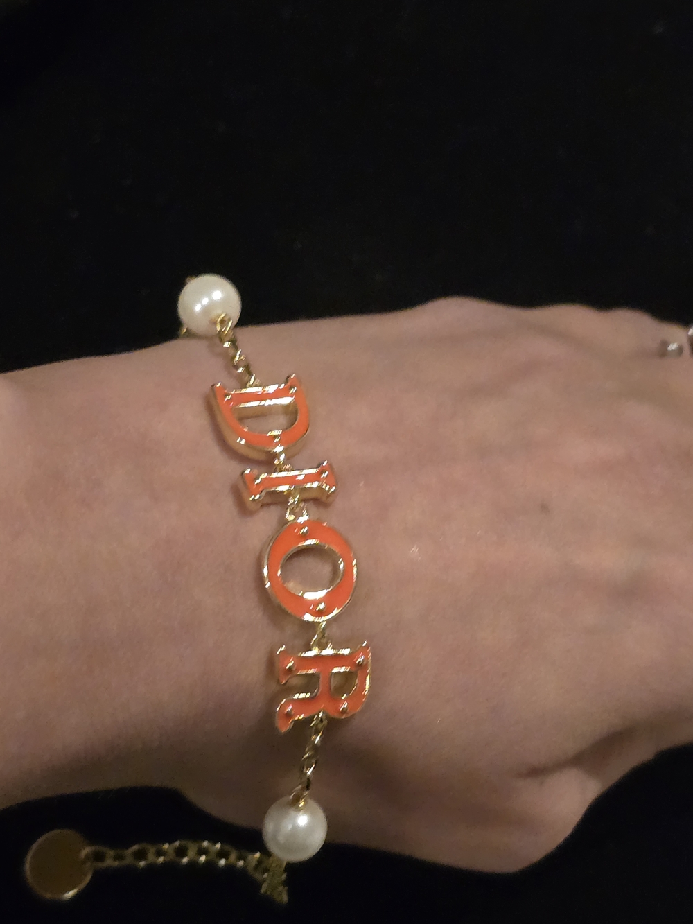 18kgp Gold-Tone 'DIOR' Orange Letter Bracelet with Pearls - Picture 3 of 5